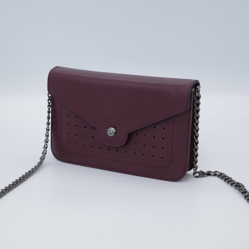 Longchamp 瓏驤 Mademoiselle 打孔翻蓋鍊帶 酒紅 牛皮 斜背包 肩背包-1