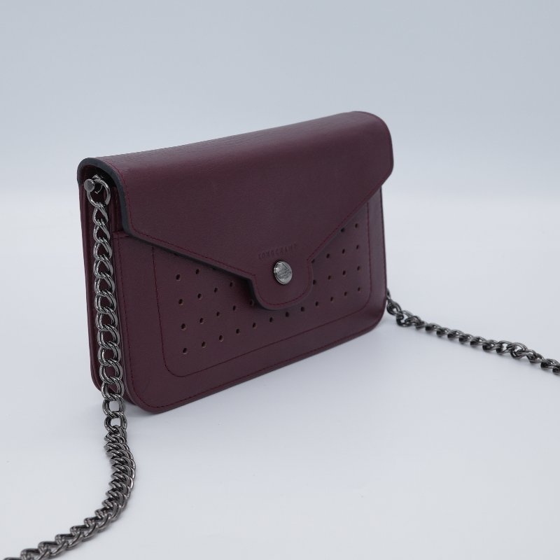 Longchamp 瓏驤 Mademoiselle 打孔翻蓋鍊帶 酒紅 牛皮 斜背包 肩背包-3