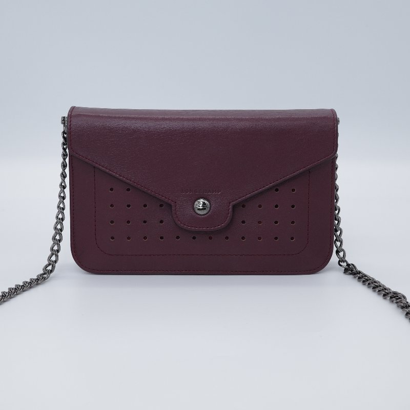 Longchamp 瓏驤 Mademoiselle 打孔翻蓋鍊帶 酒紅 牛皮 斜背包 肩背包-4