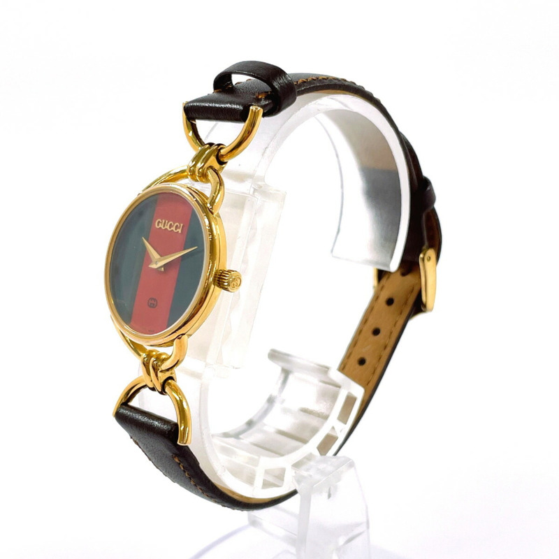 GUCCI Sherry Line 6700L 女士腕錶，鍍金/皮革錶帶，金色錶殼，石英機芯，綠紅雙色錶盤-1