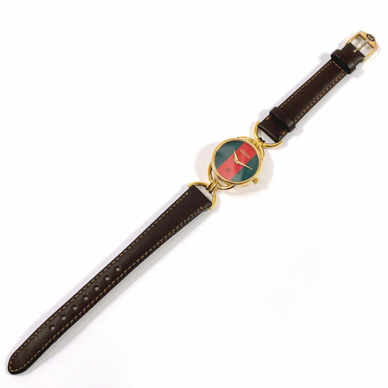 GUCCI Sherry Line 6700L 女士腕錶，鍍金/皮革錶帶，金色錶殼，石英機芯，綠紅雙色錶盤-3