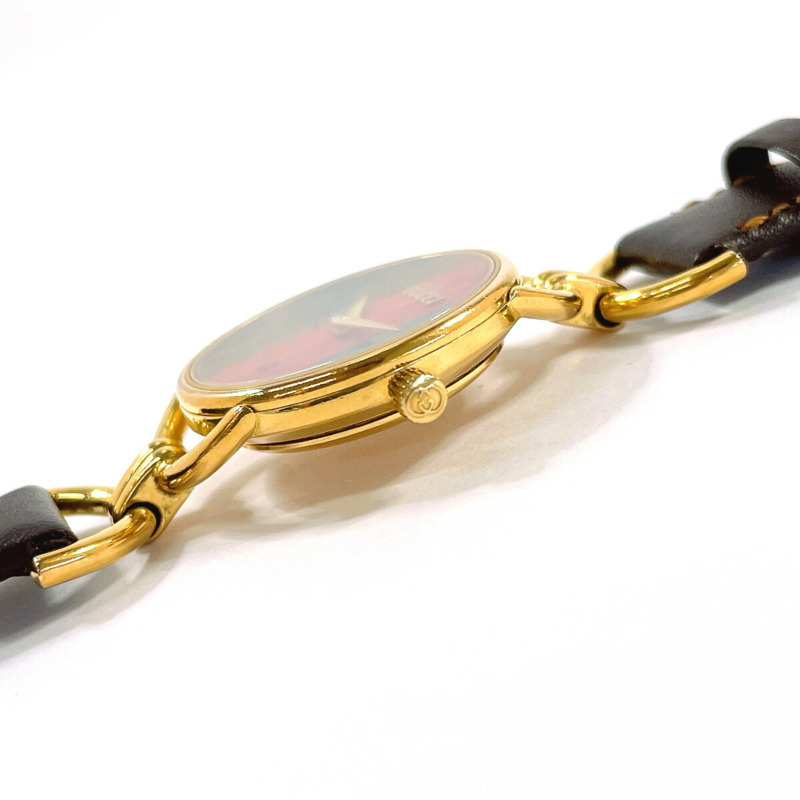 GUCCI Sherry Line 6700L 女士腕錶，鍍金/皮革錶帶，金色錶殼，石英機芯，綠紅雙色錶盤-7