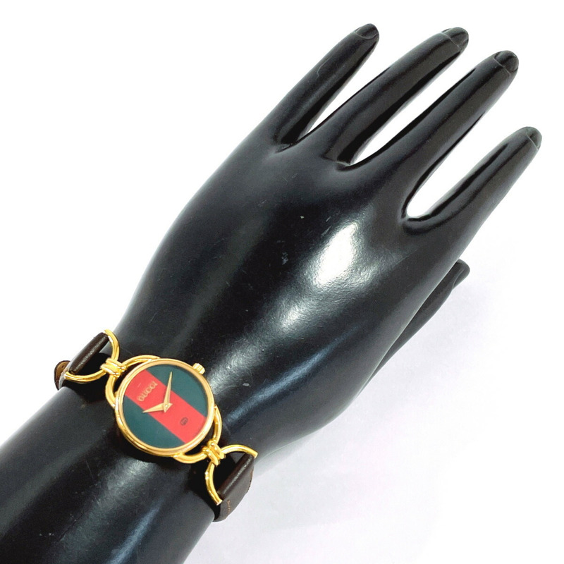 GUCCI Sherry Line 6700L 女士腕錶，鍍金/皮革錶帶，金色錶殼，石英機芯，綠紅雙色錶盤-8