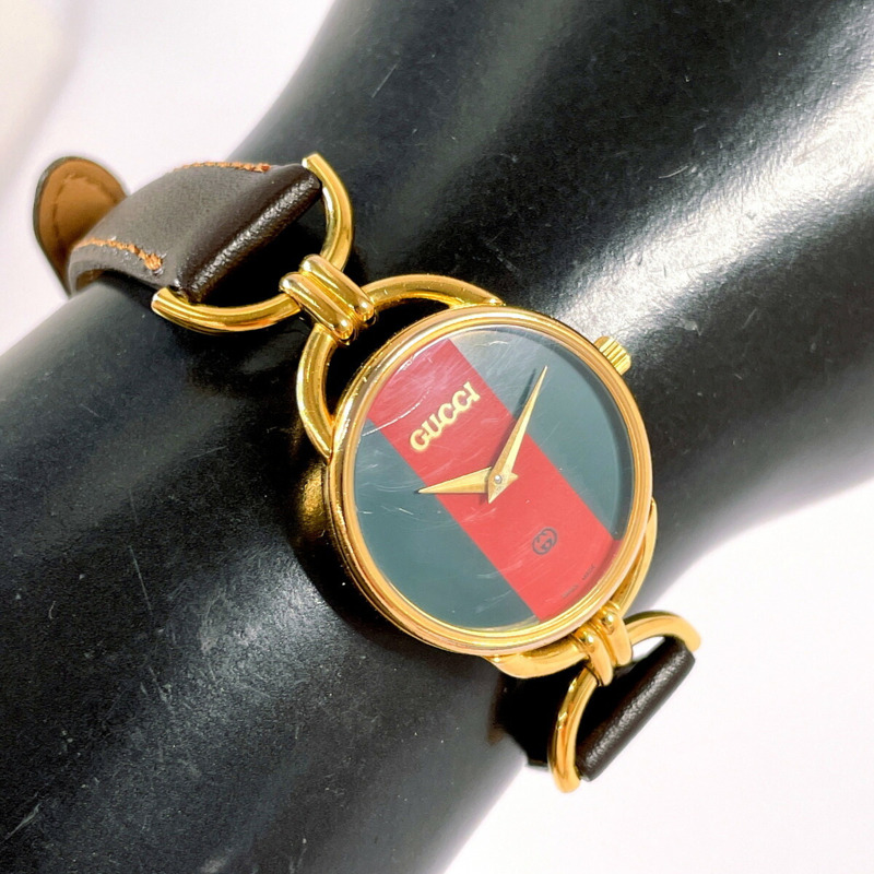 GUCCI Sherry Line 6700L 女士腕錶，鍍金/皮革錶帶，金色錶殼，石英機芯，綠紅雙色錶盤-9