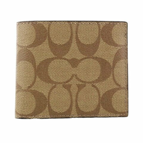 【COACH】滿版LOGO皮革六卡短夾-卡其色