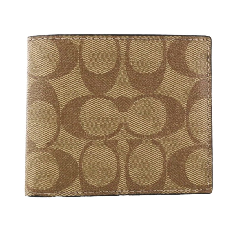 【COACH】滿版LOGO皮革六卡短夾-卡其色-0