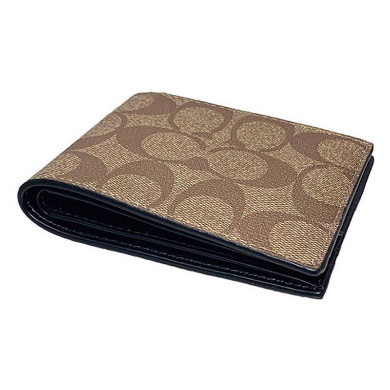 【COACH】滿版LOGO皮革六卡短夾-卡其色-1