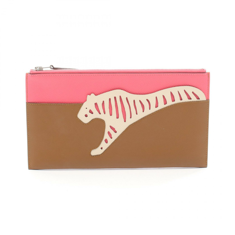 HERMES Rooroo 手袋 Epsom Evercolor 皮革 棕色 粉紅色 米色 二手 D SHW-0