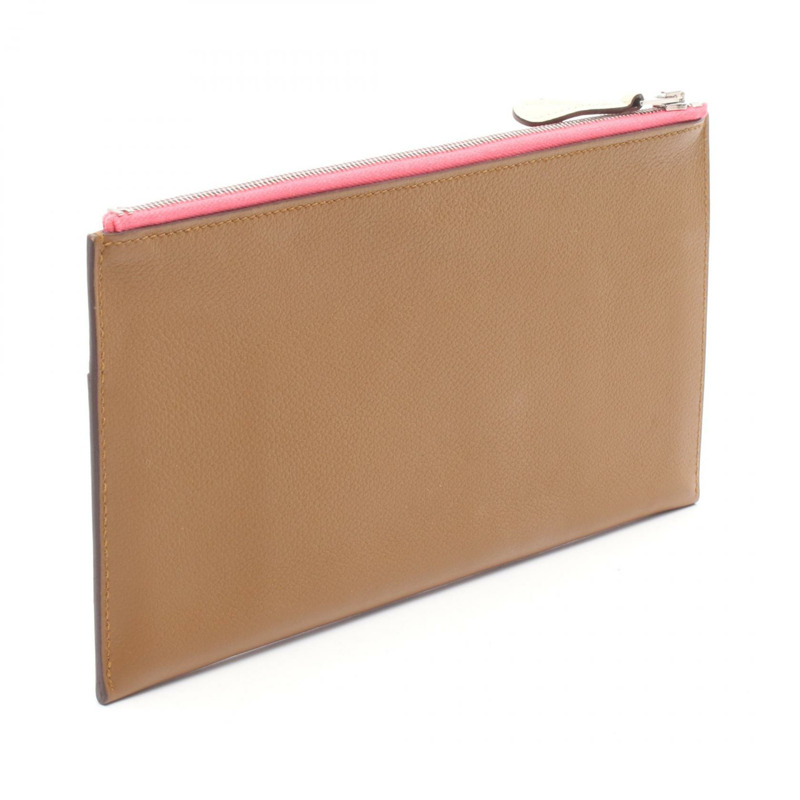 HERMES Rooroo 手袋 Epsom Evercolor 皮革 棕色 粉紅色 米色 二手 D SHW-1