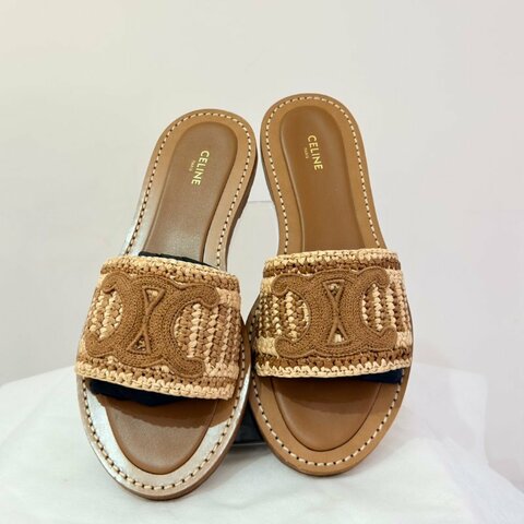 CELINE草編凱旋門平底拖鞋