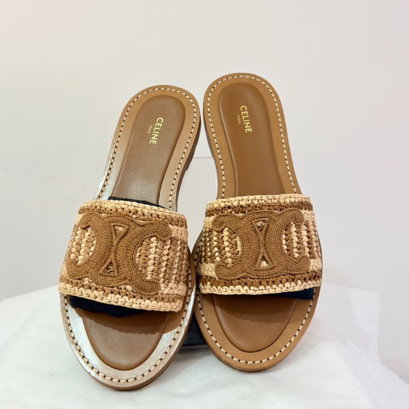 CELINE草編凱旋門平底拖鞋-0