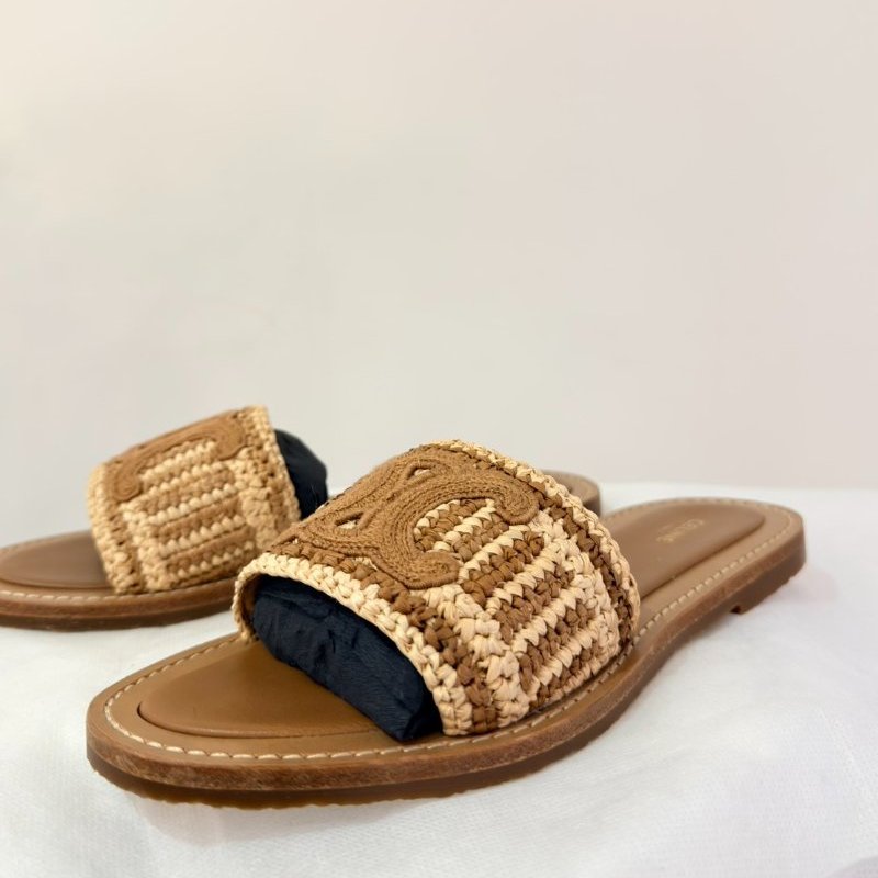 CELINE草編凱旋門平底拖鞋-6