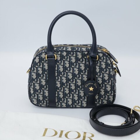 Dior 迪奧 D-Vibe  藍色 緹花 中型保齡球包 手提包