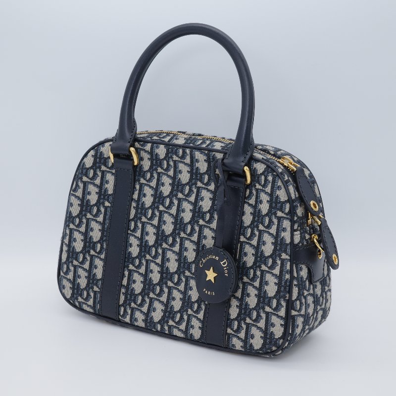 Dior 迪奧 D-Vibe 藍色 緹花 中型保齡球包 手提包-1