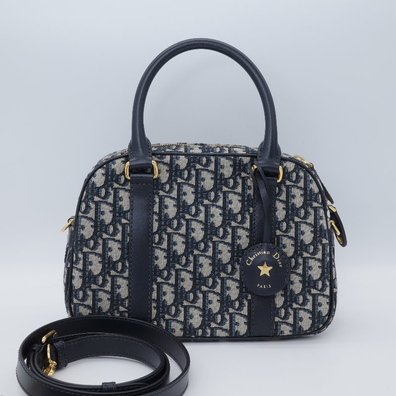 Dior 迪奧 D-Vibe 藍色 緹花 中型保齡球包 手提包-3