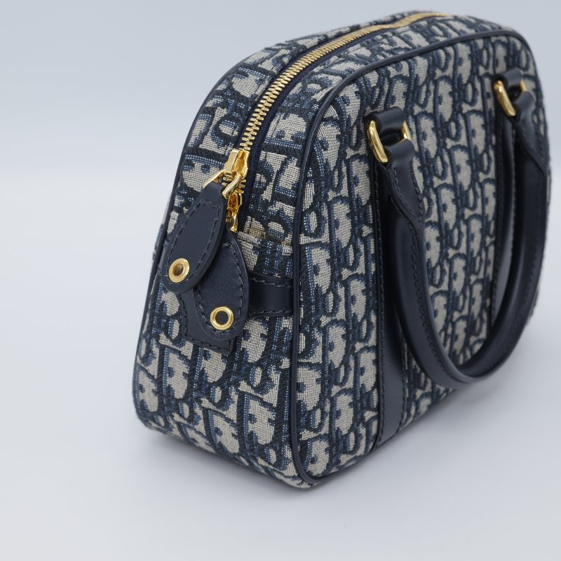 Dior 迪奧 D-Vibe 藍色 緹花 中型保齡球包 手提包-4