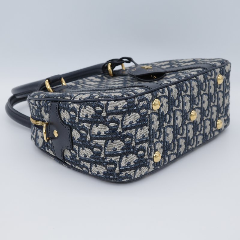 Dior 迪奧 D-Vibe 藍色 緹花 中型保齡球包 手提包-11