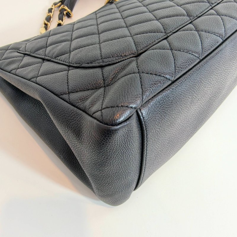 Chanel 香奈儿 gst 黑色荔枝牛皮菱格纹手提单肩包 金色五金-12