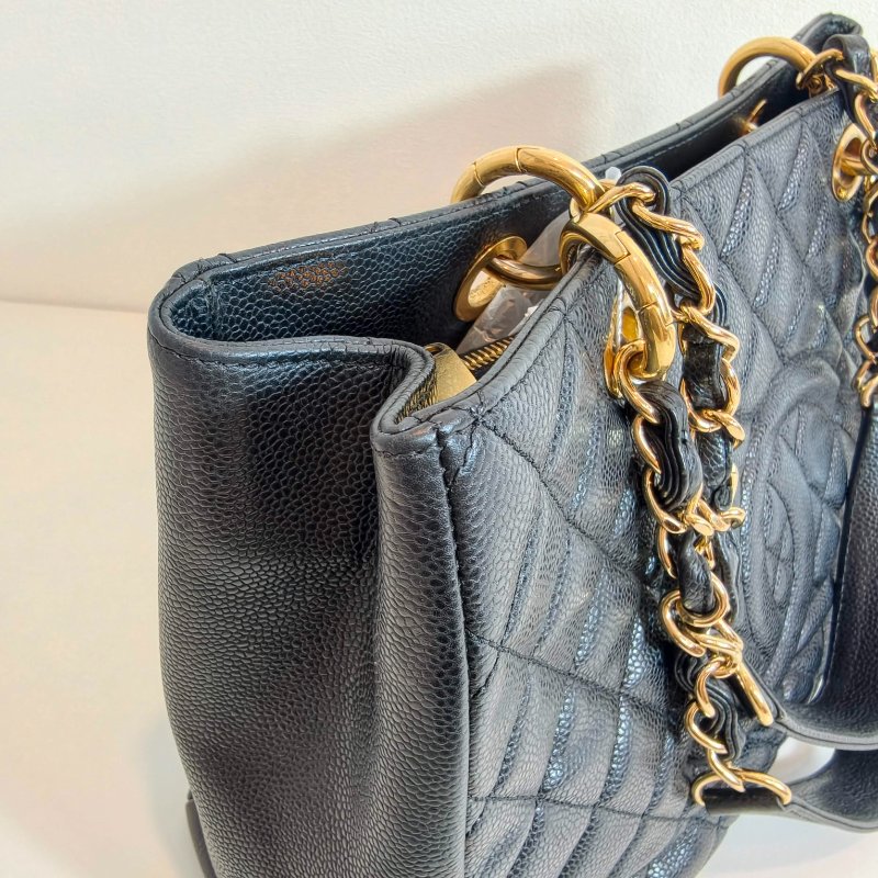 Chanel 香奈儿 gst 黑色荔枝牛皮菱格纹手提单肩包 金色五金-14