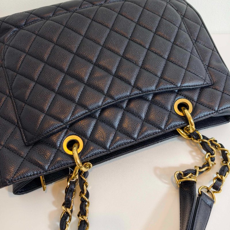 Chanel 香奈儿 gst 黑色荔枝牛皮菱格纹手提单肩包 金色五金-16