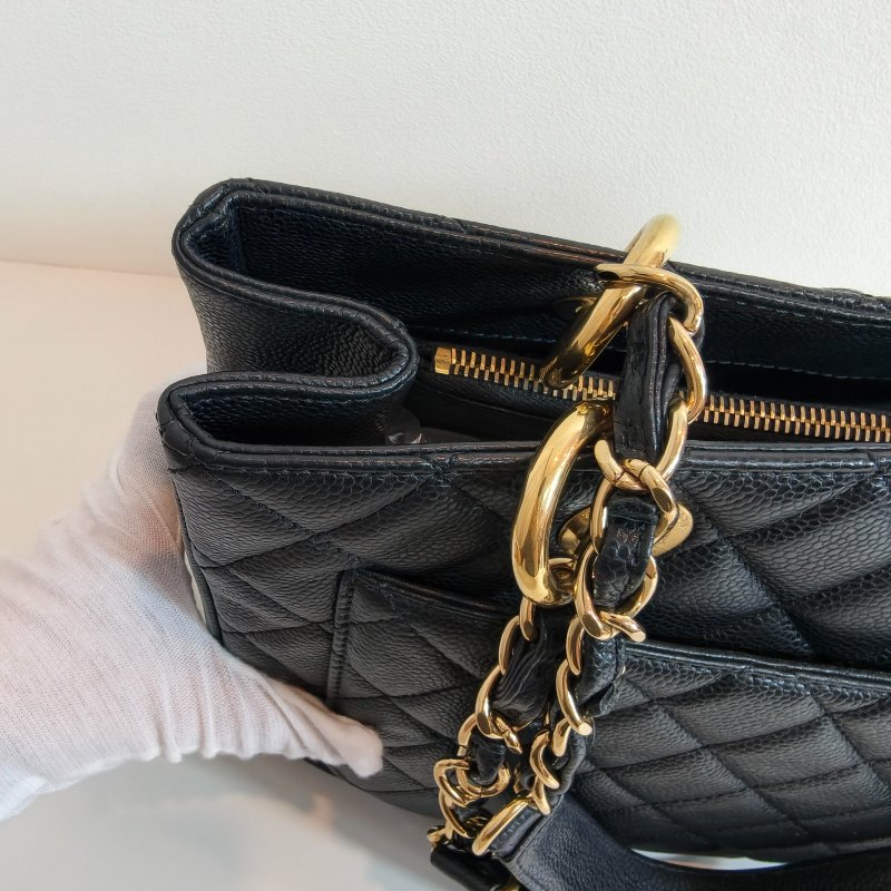 Chanel 香奈儿 gst 黑色荔枝牛皮菱格纹手提单肩包 金色五金-24