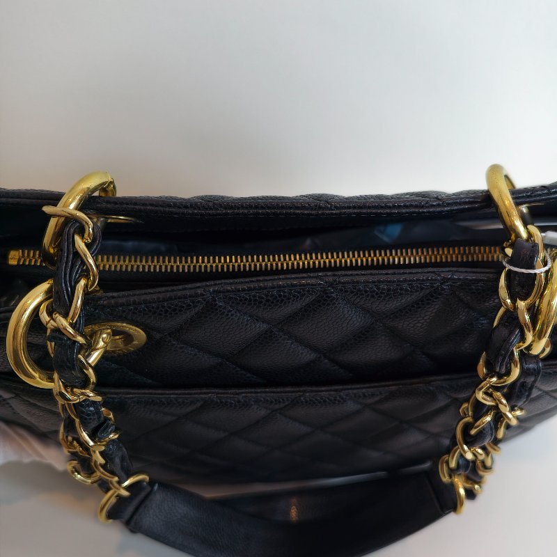 Chanel 香奈儿 gst 黑色荔枝牛皮菱格纹手提单肩包 金色五金-29