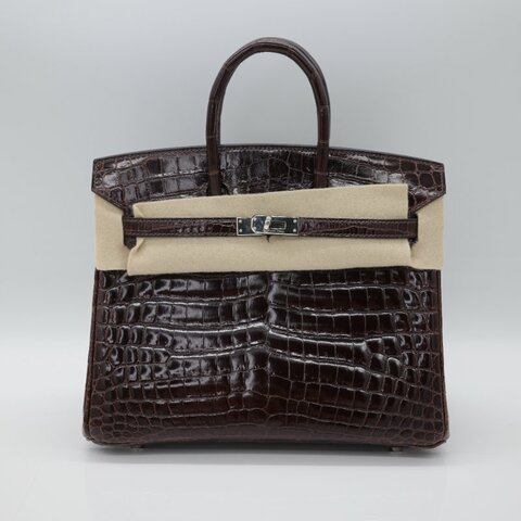 Hermès 愛馬仕  Birkin 25 棕色  亮面鱷魚紋 手提包