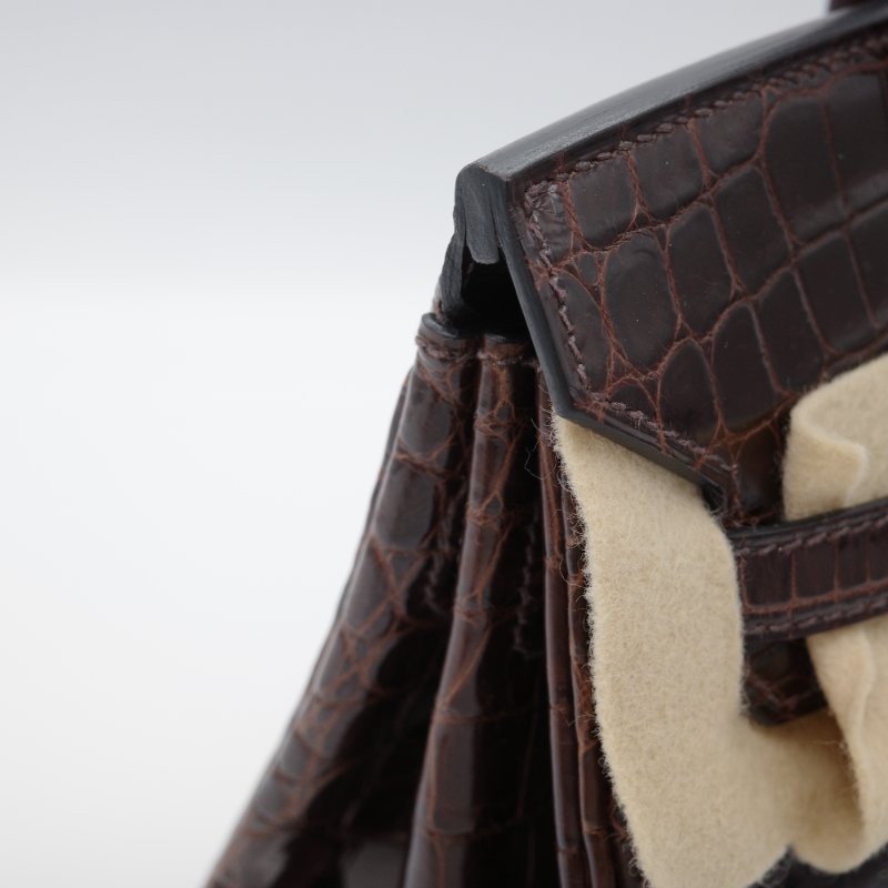 Hermès 愛馬仕  Birkin 25 棕色  亮面鱷魚紋 手提包-6