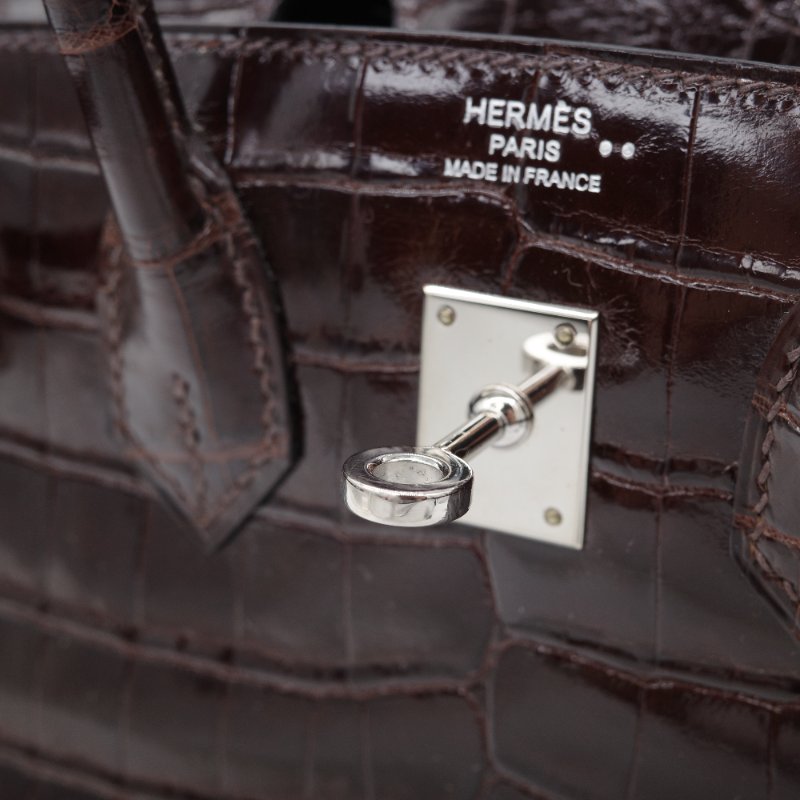 Hermès 愛馬仕  Birkin 25 棕色  亮面鱷魚紋 手提包-14
