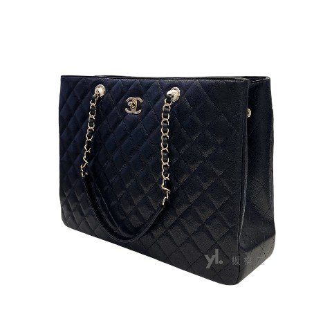 Chanel包包 黑荔枝牛皮淡金扣托特包A91046-2