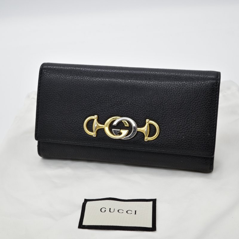 Gucci 古馳 Zumi 雙色馬銜鍊雙G設計 黑色 牛皮 釦式長夾-0