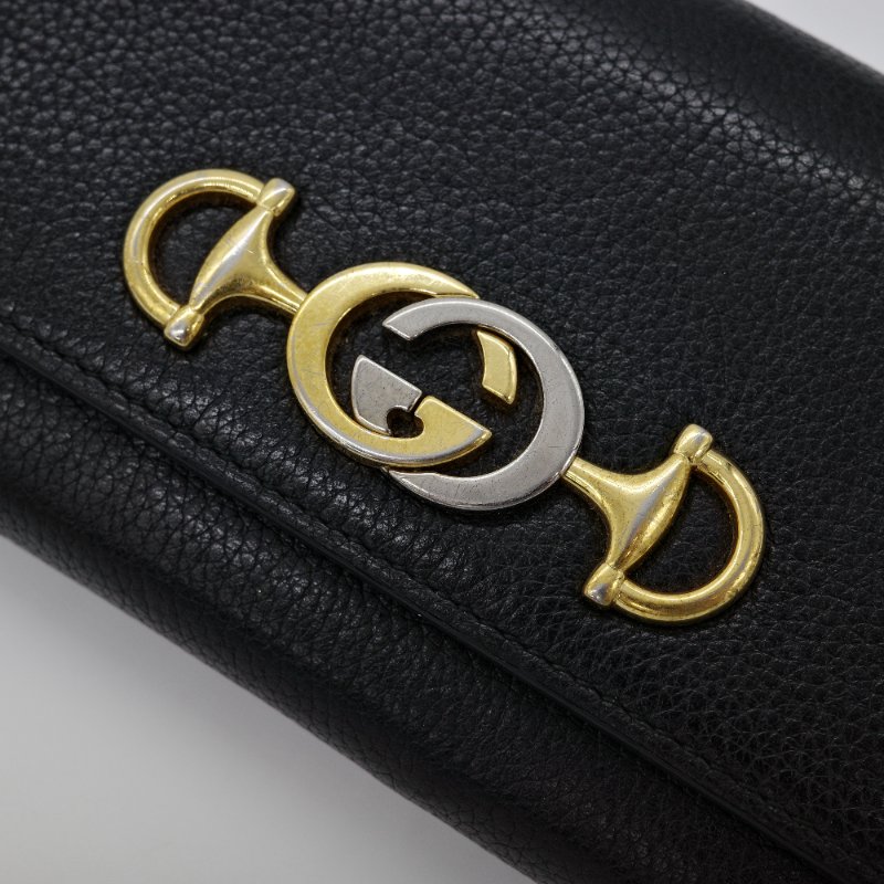 Gucci 古馳 Zumi 雙色馬銜鍊雙G設計 黑色 牛皮 釦式長夾-4