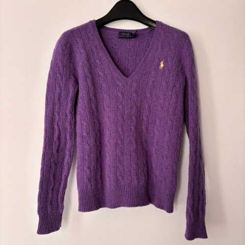 ::POLO RALPH LAUREN::  鵝黃拚色刺繡 紫色麻花毛料上衣 S號