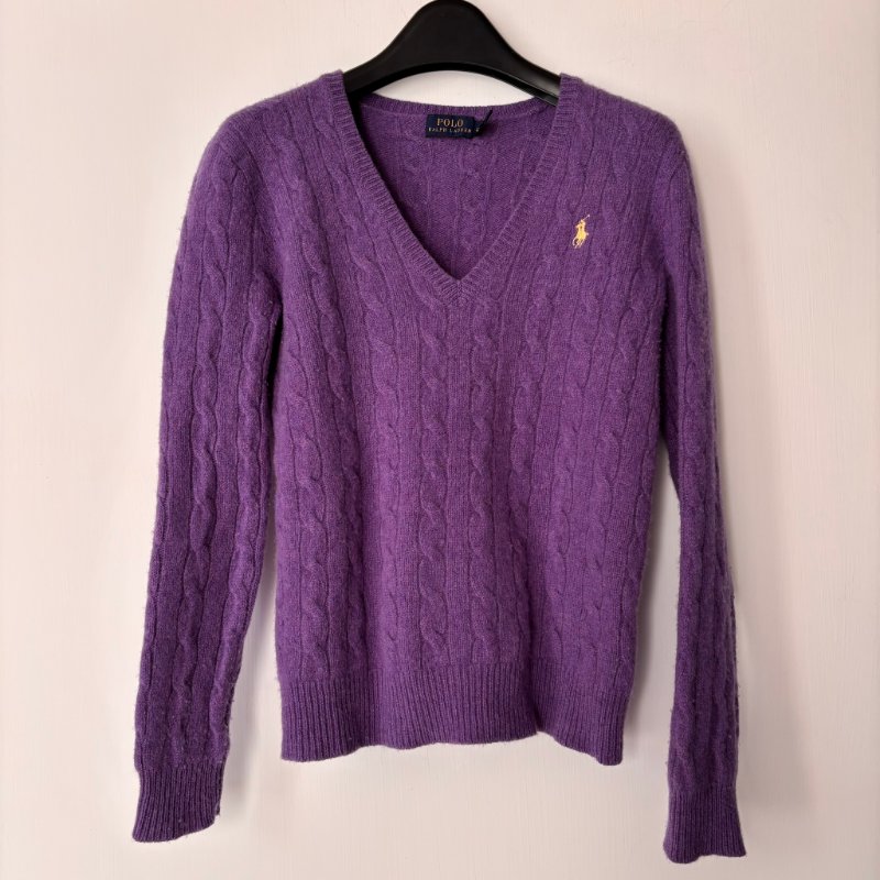 ::POLO RALPH LAUREN::  鵝黃拚色刺繡 紫色麻花毛料上衣 S號-0