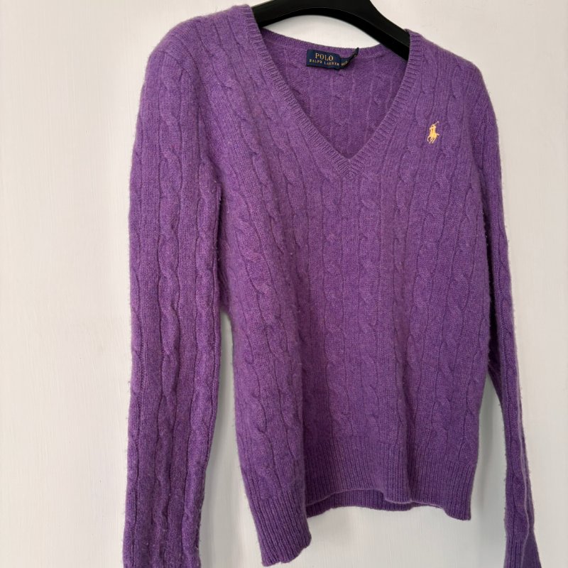 ::POLO RALPH LAUREN::  鵝黃拚色刺繡 紫色麻花毛料上衣 S號-1