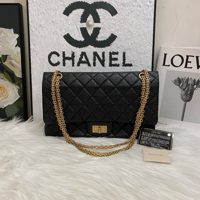 Chanel 2.55黑金經典款皺褶復古牛皮 肩背包-0
