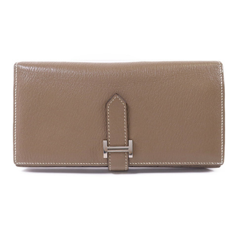HERMES Chevre皮革Bearn W Snap銀扣長錢包Etoupe