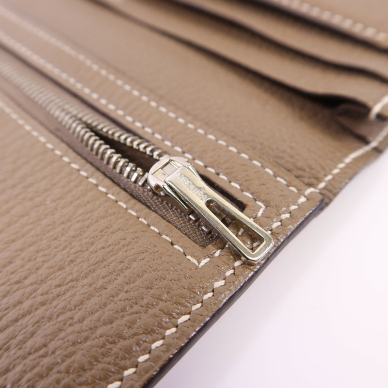 HERMES Chevre皮革Bearn W Snap銀扣長錢包Etoupe-8