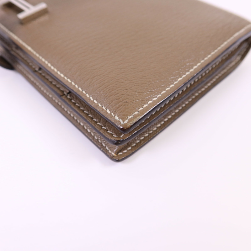 HERMES Chevre皮革Bearn W Snap銀扣長錢包Etoupe-10