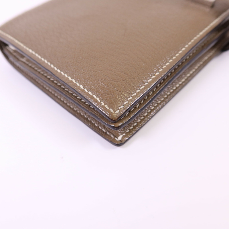 HERMES Chevre皮革Bearn W Snap銀扣長錢包Etoupe-11