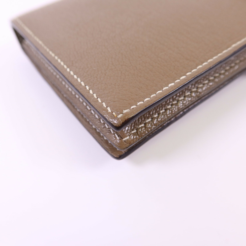 HERMES Chevre皮革Bearn W Snap銀扣長錢包Etoupe-13