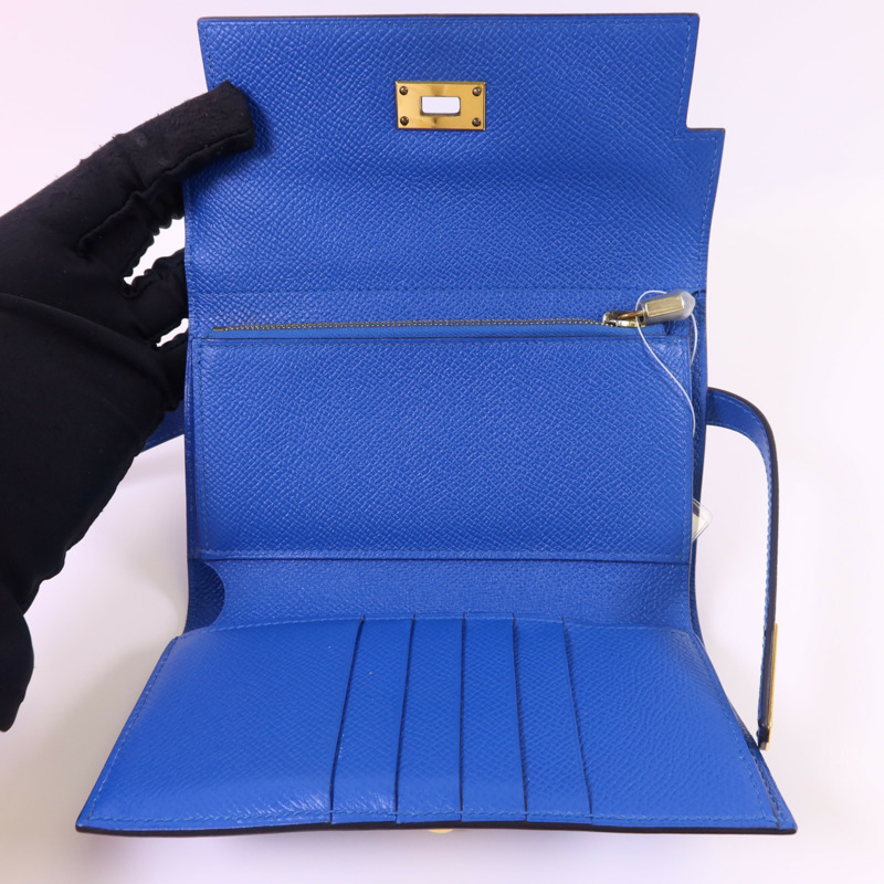 HERMES Epsom皮革Kelly Short Wallet金扣錢包Blue Zanzibar-4