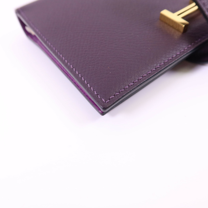HERMES Epsom皮革Bearn Bifold Wallet金扣錢包Raisin/Anemone-11