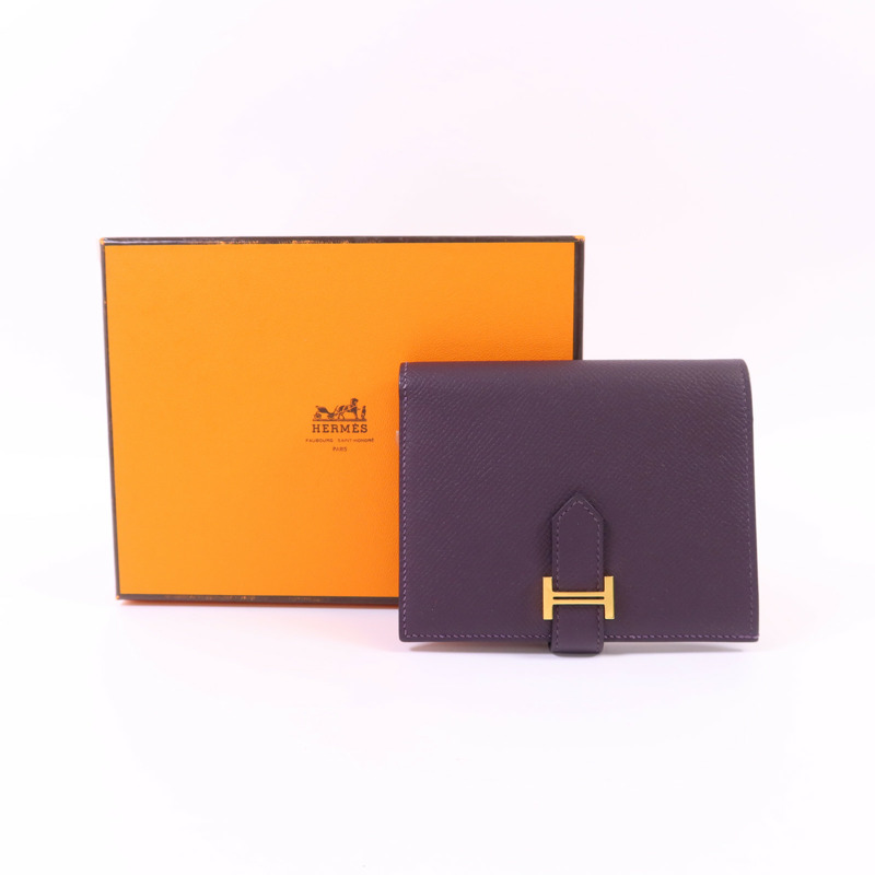 HERMES Epsom皮革Bearn Bifold Wallet金扣錢包Raisin/Anemone-16