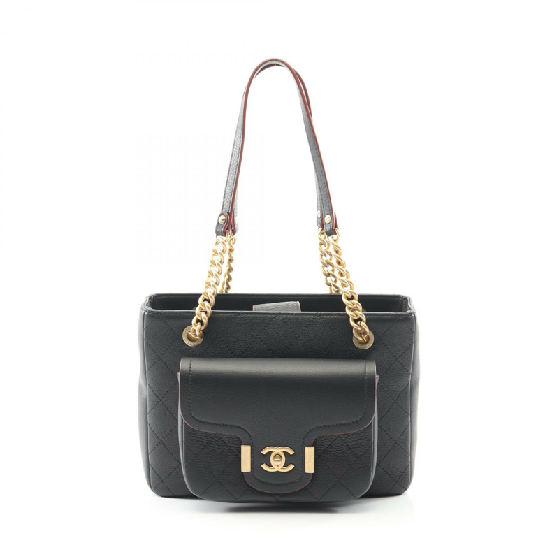 香奈兒 (CHANEL) Matelasse 皮革鏈條肩背包，黑色，二手，女士，金色五金-0