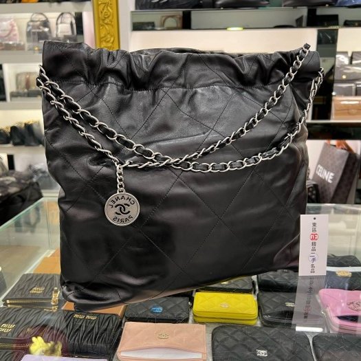 東區正精品㊣CHANEL 22 BAG AS3261 香奈兒黑色全皮銀字銀幣銀鍊肩背包購物袋包中款 RZ6074-4