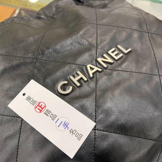 東區正精品㊣CHANEL 22 BAG AS3261 香奈兒黑色全皮銀字銀幣銀鍊肩背包購物袋包中款 RZ6074-6