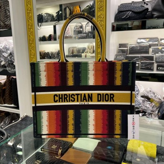 東區正精品㊣CHRISTIAN Dior Book Tote 彩色條紋繡手提包肩背包中款 RZ6075-0