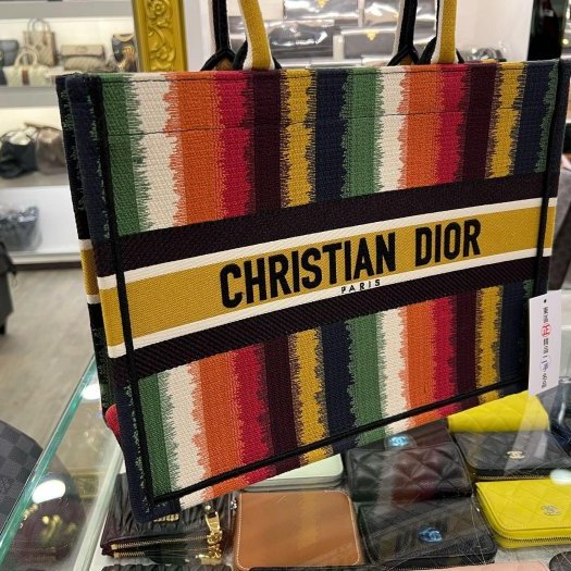 東區正精品㊣CHRISTIAN Dior Book Tote 彩色條紋繡手提包肩背包中款 RZ6075-1