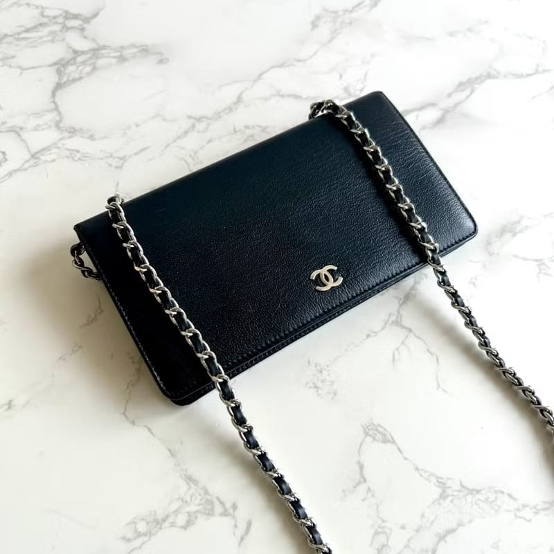 【LA LUNE】絕版古董包 Chanel黑銀色WOC 側背包 斜背包 中古二手包 長夾皮夾-0